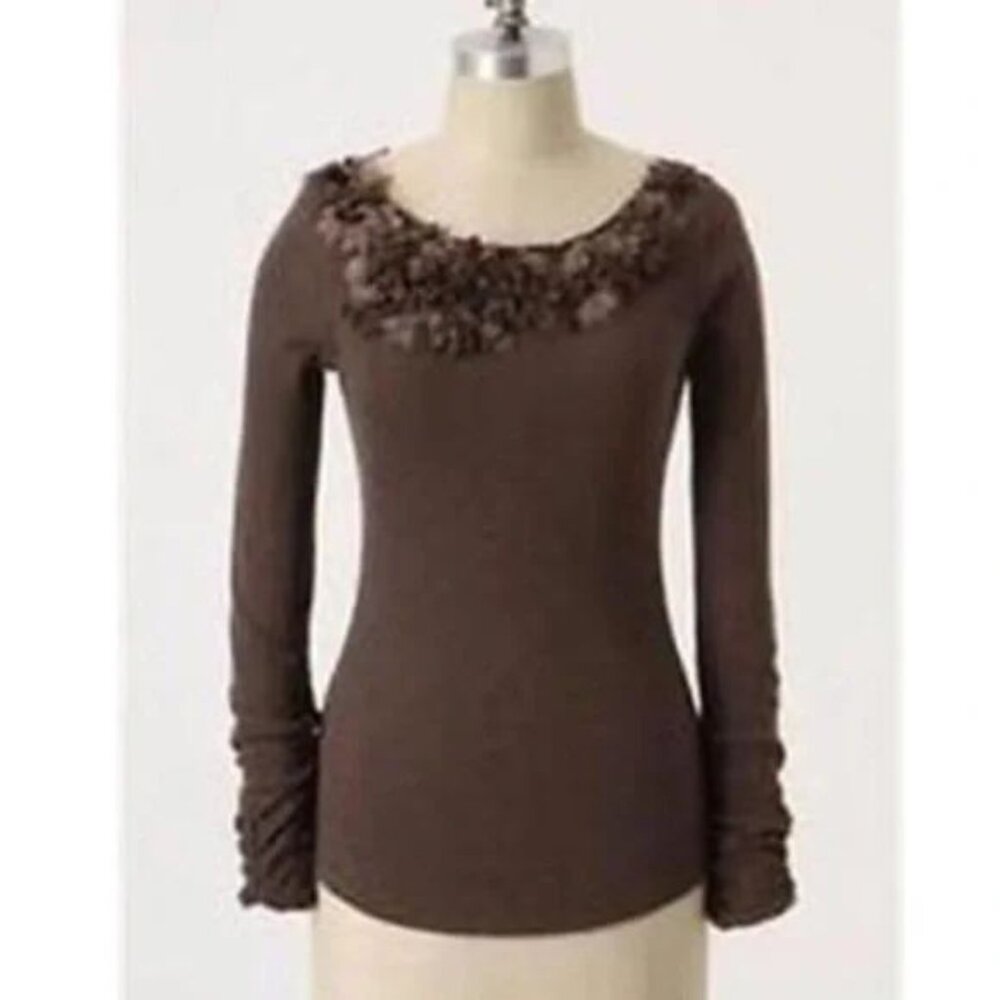 Anthropologie Embraceable Tee Brown Knit Long Sleeve Top 3D Flower Neck Detail